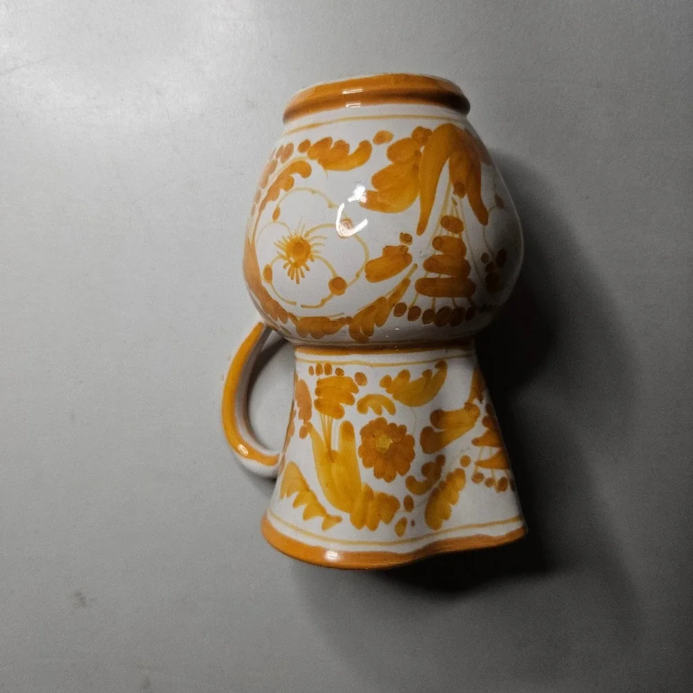 Vintage Italian Majolica Ceramic Pitcher Hand Painted Ochre Bird Floral Italy